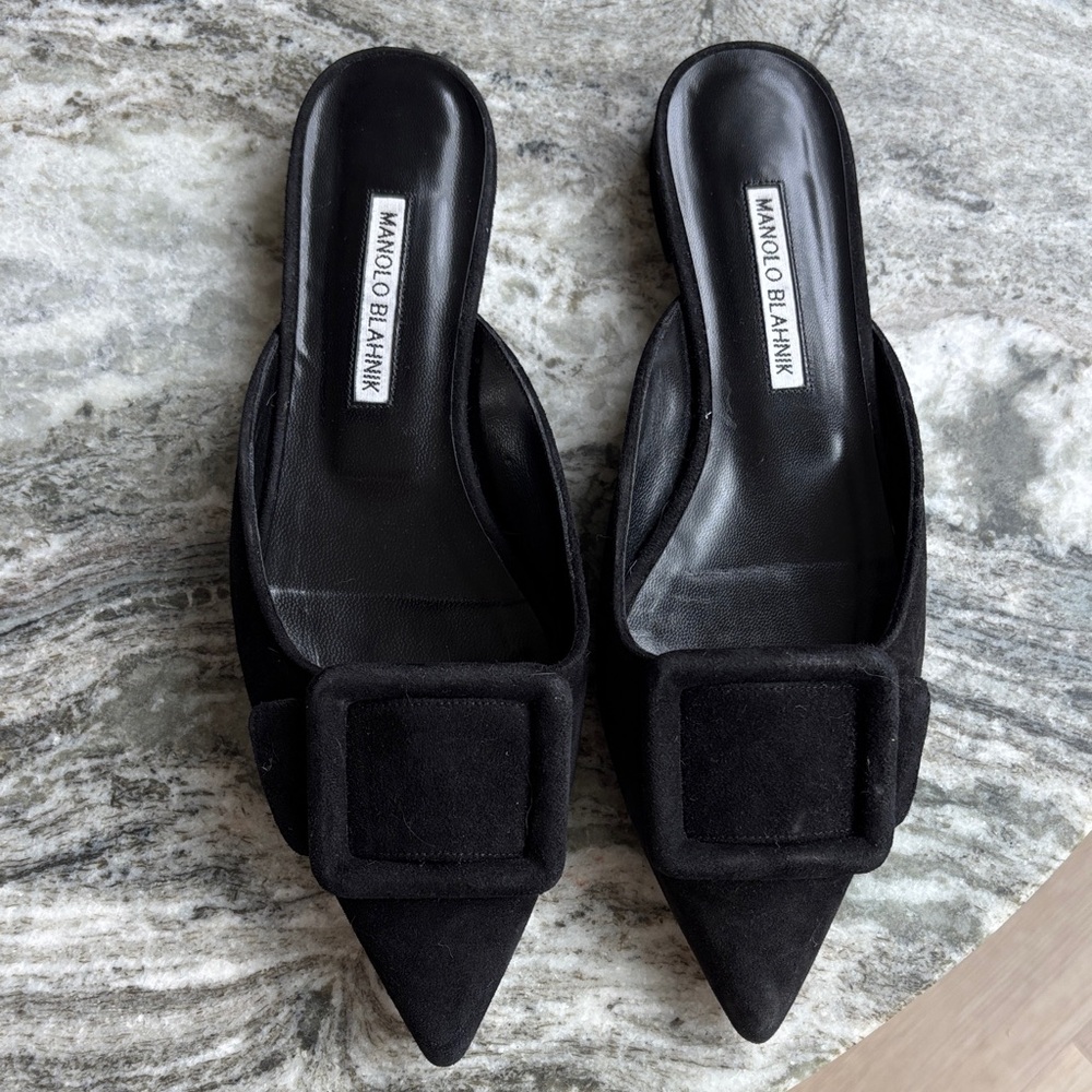 Manolo Blahnik Black Pointed Toe Mules - Picture 2 of 6